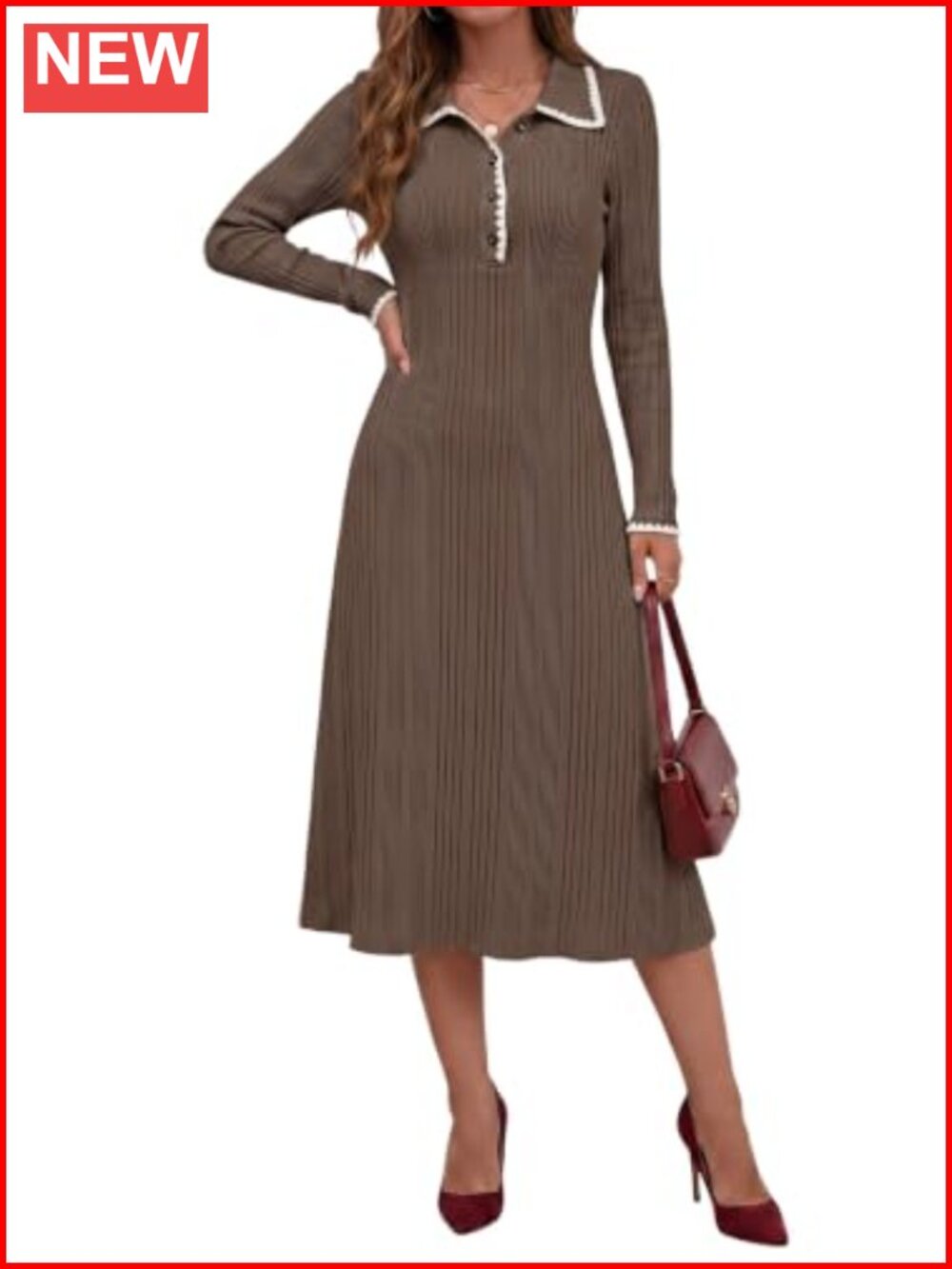 Ribbed Knit Sweater Dress V-Neck Button Up Bodycon Long Sleeve Maxi
